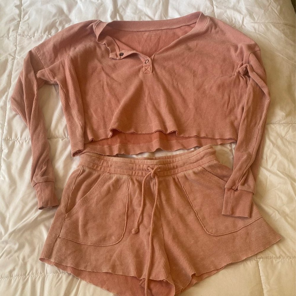 waffle textured rib knit casual matching set pajama